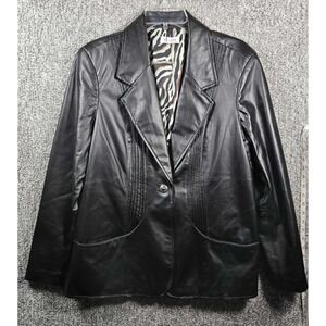 Denim & Company‎ Black Genuine Leather Blazer Jacket Zebra Print Lining